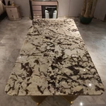 Natural White Marble Dining Table with Dark Brown Veining & Sculptural Dual-Pillar Base